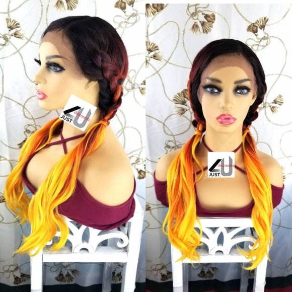 Double braided fire sunflower burgundy lace wig